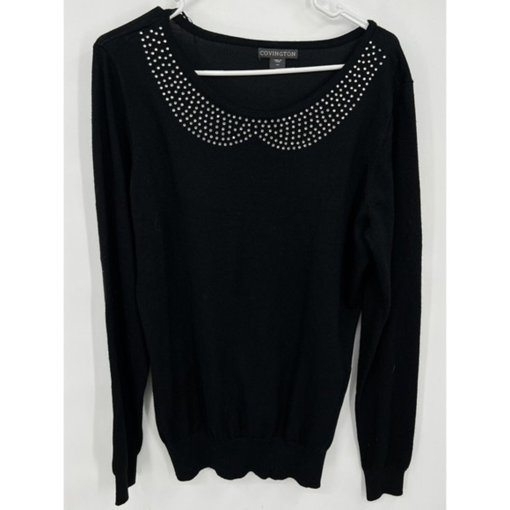 Covington Large Sweater Women Black Rhinestone Peter Pan Collar Long‎ Sleeve L